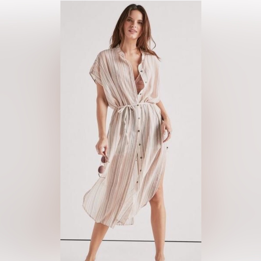 Lucky Brand Cream and Tan Striped Maxi Dress